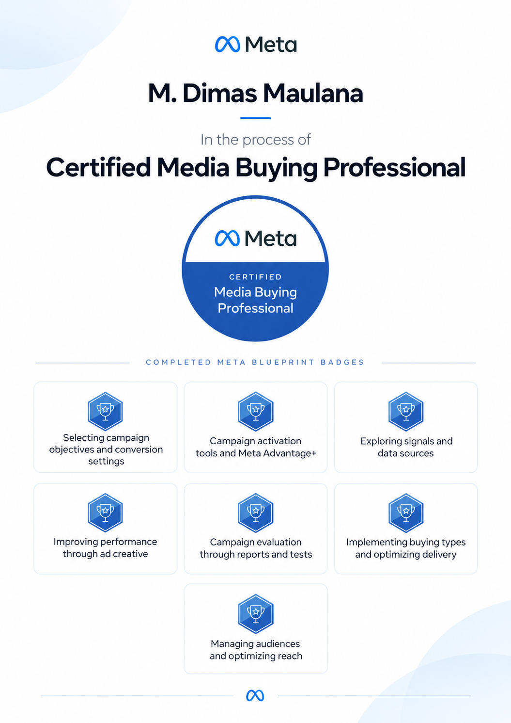 Meta Blueprint badges obtained as part of the Certified Media Buying Professional process